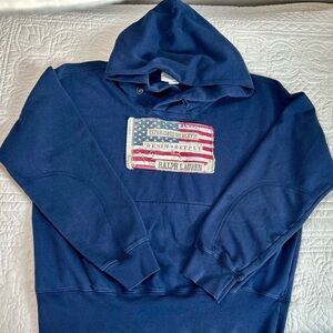 Vintage Denim & Supply Ralph Lauren Blue Distressed Flag Hoodie Men’s Size XL